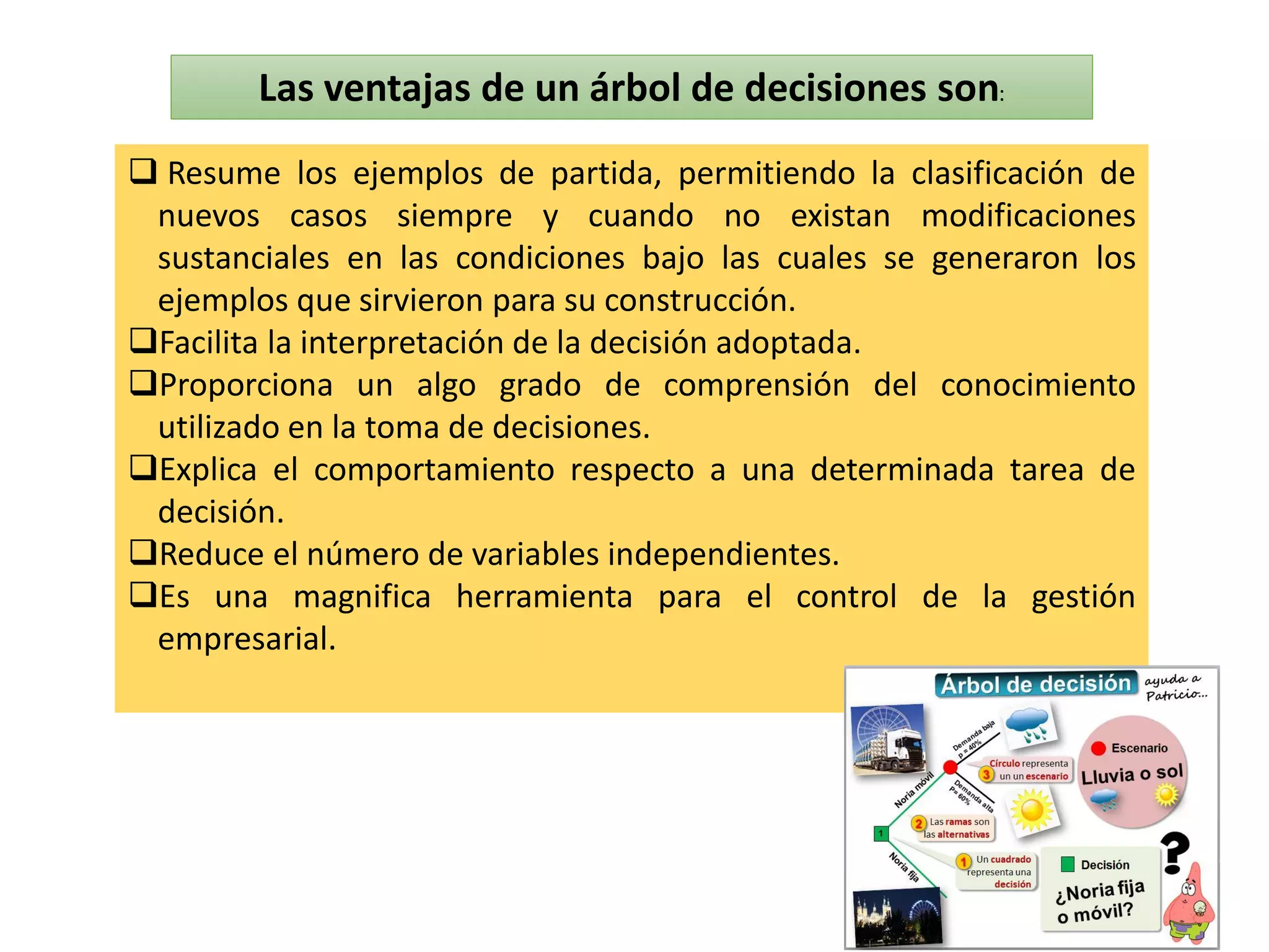 Las ventajas de un árbol de decisiones son:
 Resume los ejemplos de partida, permitiendo la clasificación de
nuevos casos siempre y cuando no existan modificaciones
sustanciales en las condiciones bajo las cuales se generaron los
ejemplos que sirvieron para su construcción.
Facilita la interpretación de la decisión adoptada.
Proporciona un algo grado de comprensión del conocimiento
utilizado en la toma de decisiones.
Explica el comportamiento respecto a una determinada tarea de
decisión.
Reduce el número de variables independientes.
Es una magnifica herramienta para el control de la gestión
empresarial.
 