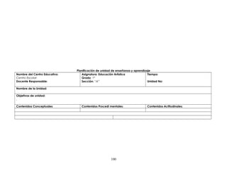Planificación de unidad de enseñanza y aprendizaje
Nombre del Centro Educativo:
Centro Escolar:
Docente Responsable:
Asignatura: Educación Artìstica
Grado: 1º
Sección: “A”
Tiempo:
Unidad No:
Nombre de la Unidad:
Objetivos de unidad:
.
Contenidos Conceptuales: Contenidos Procedí mentales: Contenidos Actitudinales:
100
 