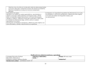 Orientar a las y los niños en la discusión sobre las ideas presentadas.
Concluir la discusión y presentar la forma de resolver el problema.
Resolver el problema y evaluar el nivel de comprensión.
Refuerzo
Indicadores de Logros:
Identifica con interés los cuerpos geométricos, asociándolos a
objetos conocidos: esfera (pelota), rectangular (caja), cilindro
(lata). 6.2 Identifica objetos del entorno con forma rectangular,
cilíndrica y esférica, utilizando el lenguaje matemático adecuado.
6.3 Señala las dimensiones largo, ancho y alto en cuerpos
geométricos con forma
rectangular. 6.4 Establece semejanza y diferencia entre objetos con
forma de esfera y cilindro, relacionando sus superficies.
6.5 Expresa con seguridad la igualdad de dimensiones en el cubo.
6.6 Establece y menciona semejanzas y diferencias entre objetos
con forma de sólidos rectangulares (cajas) y por
sus dimensiones.
Planificación de unidad de enseñanza y aprendizaje
Complejo Educativo Profesor
Bernardino Villamariona
Profesora: Carolina Verónica Peralta
Asignatura: Matemática
Grado: 1º
Tiempo: 48 horas clase
Unidad No:7
Nombre de la unidad: ¡CONTEMOS HASTA 19!
33
 