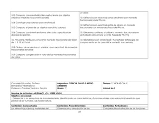 10.3 Compara con creatividad la longitud entre dos objetos,
utilizando medidas no convencionales.
10.4 Construye una balanza con creatividad.
10.5 Compara el peso de los objetos usando la balanza.
10.6 Compara con interés en forma directa la capacidad de
diversos recipientes.
10. 7 Muestra interés por conocer la moneda fraccionaria del dólar
de 1, 5, 10 y 25 ctvs
10.8 Ordena de acuerdo con su valor y con exactitud, las monedas
fraccionarias del dólar.
10.9 Compara con precisión el valor de las monedas fraccionarias
del dólar.
un dólar.
10.13Efectúa con exactitud sumas de dinero con moneda
fraccionaria hasta 99 ctvs.
10.14Efectúa con exactitud restas de dinero en moneda
fraccionaria con minuendos hasta de 99 ctvs.
10.15Muestra confianza al utilizar la moneda fraccionaria en
actividades de compra y venta (hasta de 99 ctvs).
10.16Establece con creatividad y honestidad estrategias de
compra venta en las que utilice moneda fraccionaria.
Complejo Educativo Profesor
Bernardino Villamariona
Profesora: Carolina Verónica Peralta
Asignatura: CIENCIA, SALUD Y MEDIO
AMBIENTE
Grado: 1º
Tiempo: 27 HORAS CLASE
Unidad No:1
Nombre de la Unidad: ASI SOMOS LOS SERES VIVOS.
Objetivos de unidad:
Diferenciar a los seres vivos de la materia inerte, identificando sus características y funciones vitales para valorar los beneficios que
prestan al ser humano y al medio natural.
Contenidos Conceptuales: Contenidos Procedimentales: Contenidos Actitudinales:
Los seres vivos,objetos y materiales del Observación y descripción de las Comparación e ilustración de las funciones
47
 