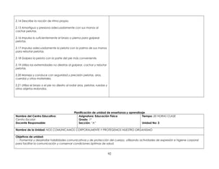 2.14 Describe la noción de ritmo propio.
2.15 Amortigua y presiona adecuadamente con sus manos al
cachar pelotas.
2.16 Impulsa lo suficientemente el brazo o pierna para golpear
pelotas.
2.17 Impulsa adecuadamente la pelota con la palma de sus manos
para rebotar pelotas.
2.18 Golpea la pelota con la parte del pie más conveniente.
2.19 Utiliza las extremidades no diestras al golpear, cachar y rebotar
pelotas.
2.20 Maneja y conduce con seguridad y precisión pelotas, aros,
cuerdas y otros materiales.
2.21 Utiliza el brazo o el pie no diestro al rodar aros, pelotas, ruedas y
otros objetos redondos.
Planificación de unidad de enseñanza y aprendizaje
Nombre del Centro Educativo:
Centro Escolar:
Docente Responsable:
Asignatura: Educación Física
Grado: 1º
Sección: “A”
Tiempo: 20 HORAS CLASE
Unidad No: 3
Nombre de la Unidad: NOS COMUNICAMOS CORPORALMENTE Y PROTEGEMOS NUESTRO ORGANISMO
Objetivos de unidad:
Fomentar y desarrollar habilidades comunicativas y de protección del cuerpo, utilizando actividades de expresión e higiene corporal
para facilitar la comunicación y conservar condiciones óptimas de salud.
.
92
 