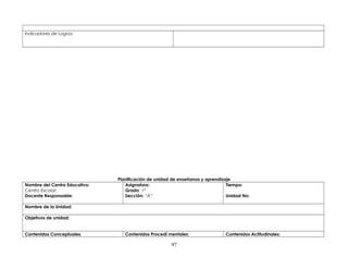 Indicadores de Logros:
Planificación de unidad de enseñanza y aprendizaje
Nombre del Centro Educativo:
Centro Escolar:
Docente Responsable:
Asignatura:
Grado: 1º
Sección: “A”
Tiempo:
Unidad No:
Nombre de la Unidad:
Objetivos de unidad:
.
Contenidos Conceptuales: Contenidos Procedí mentales: Contenidos Actitudinales:
97
 
