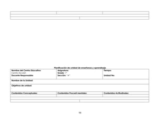 Planificación de unidad de enseñanza y aprendizaje
Nombre del Centro Educativo:
Centro Escolar:
Docente Responsable:
Asignatura:
Grado: 1º
Sección: “A”
Tiempo:
Unidad No:
Nombre de la Unidad:
Objetivos de unidad:
.
Contenidos Conceptuales: Contenidos Procedí mentales: Contenidos Actitudinales:
98
 