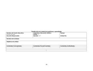 Planificación de unidad de enseñanza y aprendizaje
Nombre del Centro Educativo:
Centro Escolar:
Docente Responsable:
Asignatura: Educación Artìstica
Grado: 1º
Sección: “A”
Tiempo:
Unidad No:
Nombre de la Unidad:
Objetivos de unidad:
.
Contenidos Conceptuales: Contenidos Procedí mentales: Contenidos Actitudinales:
99
 