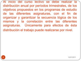 Al inicio del curso lectivo se debe realizar la distribución anual por períodos trimestrales, de los objetivos propuestos en los programas de estudio de las diferentes asignaturas, con el fin de organizar y garantizar la secuencia lógica de los mismos y la correlación entre las diferentes asignaturas.  Únicamente para efectos de ésta distribución el trabajo puede realizarse por nivel.08/01/20116
