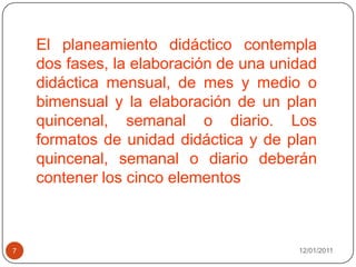 08/01/20117El planeamiento didáctico contempla dos fases, la elaboración de una unidad didáctica mensual, de mes y medio o bimensual y la elaboración de un plan quincenal, semanal o diario. Los formatos de unidad didáctica y de plan quincenal, semanal o diario deberán contener los cinco elementos 