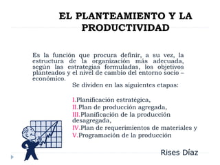 EL PLANTEAMIENTO Y LA
PRODUCTIVIDAD
Es la función que procura definir, a su vez, la
estructura de la organización más adecuada,
según las estrategias formuladas, los objetivos
planteados y el nivel de cambio del entorno socio –
económico.
Se dividen en las siguientes etapas:
I.Planificación estratégica,
II.Plan de producción agregada,
III.Planificación de la producción
desagregada,
IV.Plan de requerimientos de materiales y
V.Programación de la producción
Rises Díaz
 