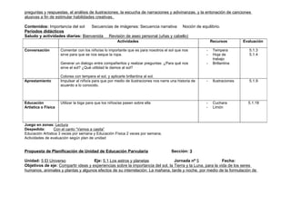 preguntas y respuestas, el análisis de ilustraciones, la escucha de narraciones y adivinanzas, y la entonación de canciones
alusivas a fin de estimular habilidades creativas.

Contenidos: Importancia del sol   Secuencias de imágenes: Secuencia narrativa Noción de equilibrio.
Periodos didácticos
Saludo y actividades diarias: Bienvenida Revisión de aseo personal (uñas y cabello)
                                                       Actividades                                          Recursos         Evaluación

Conversación         Comentar con los niño/as lo importante que es para nosotros el sol que nos         -    Tempera            5.1.3
                     sirve para que se nos seque la ropa.                                               -    Hoja de            5.1.4
                                                                                                             trabajo
                     Generar un dialogo entre compañeritos y realizar preguntas: ¿Para qué nos          -    Brillantina
                     sirve el sol? ¿Qué utilidad le damos al sol?

                     Colorea con tempera el sol, y aplicarle brillantina al sol.
Aprestamiento        Impulsar al niño/a para que por medio de ilustraciones nos narre una historia de   -    Ilustraciones      5.1.9
                     acuerdo a lo conocido.



Educación            Utilizar la biga para que los niños/as pasen sobre ella                            -    Cuchara           5.1.18
Artística o Física                                                                                      -    Limón



Juego en zonas: Lectura
Despedida:       Con el canto “Vamos a casita”
Educación Artística 3 veces por semana y Educación Física 2 veces por semana.
Actividades de evaluación según plan de unidad


Propuesta de Planificación de Unidad de Educación Parvularia                          Sección: 3

Unidad: 5 El Universo                Eje: 5.1 Los astros y planetas               Jornada nº 5                Fecha:
Objetivos de eje: Compartir ideas y experiencias sobre la importancia del sol, la Tierra y la Luna, para la vida de los seres
humanos, animales y plantas y algunos efectos de su interrelación: La mañana, tarde y noche, por medio de la formulación de
 