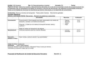 Unidad: 5 El Universo                Eje: 5.2 Descubrimientos e inventos             Jornada nº 8                Fecha:
Objetivos de eje: Valorar los inventos y descubrimientos relevantes en la vida de la humanidad a través de la experimentación de
la explicación oral, la manipulación de objetos, la narración y escucha de adivinanzas y de realización de actividades artísticas y
físicas con la finalidad de reconocer la importancia que tiene la vida actual y en el desarrollo del conocimiento.

Contenidos: Diversos inventos de transportes Textos sobre inventos Movimientos globales
Periodos didácticos
Saludo y actividades diarias: Bienvenida Revisión de asistencia y autocontrol
                                                    Actividades                                       Recursos      Evaluación

Conversación         Proporcionarle al niño/a juguetes que estén relacionados a los medios de     -    Páginas          5.2.5
                     transporte y nárrales “Los medios de transporte”.                            -    Recortes         5.2.8
                                                                                                  -    Tijeras
                     Preguntar: ¿Cuáles son los medios de transporte terrestre, aéreo y           -    Pega
                     marítimo?

                     Pegar los medios de transporte en las páginas.
Aprestamiento        Construya oraciones sobre los inventos utilizados                            -    Laminas         5.2.13
                                                                                                       ilustradas      5.2.14



Educación            Hacer rondas y cantar la canción “Las extremidades”
Artística o Física



Juego en zonas: Construcción
Despedida:      Canto “Hasta mañana”
Educación Artística 3 veces por semana y Educación Física 2 veces por semana.
Actividades de evaluación según plan de unidad



Propuesta de Planificación de Unidad de Educación Parvularia                         Sección: 3
 