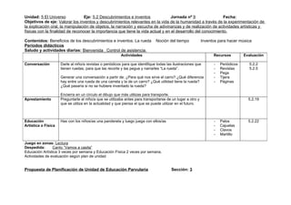 Unidad: 5 El Universo             Eje: 5.2 Descubrimientos e inventos              Jornada nº 9                 Fecha:
Objetivos de eje: Valorar los inventos y descubrimientos relevantes en la vida de la humanidad a través de la experimentación de
la explicación oral, la manipulación de objetos, la narración y escucha de adivinanzas y de realización de actividades artísticas y
físicas con la finalidad de reconocer la importancia que tiene la vida actual y en el desarrollo del conocimiento.

Contenidos: Beneficios de los descubrimientos e inventos: La rueda             Noción del tiempo            Inventos para hacer música
Periodos didácticos
Saludo y actividades diarias: Bienvenida Control de asistencia.
                                                         Actividades                                              Recursos         Evaluación

Conversación         Darle al niño/a revistas o periódicos para que identifique todas las ilustraciones que       -   Periódicos     5.2.2
                     tienen ruedas, para que las recorte y las pegue y narrarles “La rueda”.                      -   Revistas       5.2.5
                                                                                                                  -   Pega
                     Generar una conversación a partir de: ¿Para qué nos sirve el carro? ¿Qué diferencia          -   Tijera
                     hay entre una rueda de una carreta y la de un carro? ¿Qué utilidad tiene la rueda?           -   Páginas
                     ¿Qué pasaría si no se hubiere inventado la rueda?

                     Encierra en un círculo el dibujo que más utilizas para transporte.
Aprestamiento        Preguntarle al niño/a que se utilizaba antes para transportarse de un lugar a otro y                            5.2.19
                     que se utiliza en la actualidad y que piensa el que se puede utilizar en el futuro.



Educación            Has con los niños/as una pandereta y luego juega con ellos/as                                -   Palos          5.2.22
Artística o Física                                                                                                -   Cajuelas
                                                                                                                  -   Clavos
                                                                                                                  -   Martillo

Juego en zonas: Lectura
Despedida:      Canto “Vamos a casita”
Educación Artística 3 veces por semana y Educación Física 2 veces por semana.
Actividades de evaluación según plan de unidad


Propuesta de Planificación de Unidad de Educación Parvularia                            Sección: 3
 