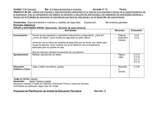Unidad: 5 El Universo            Eje: 5.2 Descubrimientos e inventos             Jornada nº 14              Fecha:
Objetivos de eje: Valorar los inventos y descubrimientos relevantes en la vida de la humanidad a través de la experimentación de
la explicación oral, la manipulación de objetos, la narración y escucha de adivinanzas y de realización de actividades artísticas y
físicas con la finalidad de reconocer la importancia que tiene la vida actual y en el desarrollo del conocimiento.

Contenidos: Descubrimientos e inventos y medidas de seguridad   Sustracción                     Movimientos globales
Periodos didácticos
Saludo y actividades diarias: Bienvenida Revisión de aseo personal
                                                       Actividades                                      Recursos          Evaluación

Conversación       Formar grupos pequeños y mostrarles ilustraciones y preguntarles: ¿Qué es?           -   Páginas         5.2.2
                   ¿Cómo se utiliza? ¿Qué medida de seguridad se debe utilizar?                         -   Ilustración     5.2.5
                                                                                                        -   Colores
                   Comentar con el niño/a las medidas de seguridad que se tienen que utilizar para
                   ocupar la plancha: Tener cuidado con la luz eléctrica, Dar la temperatura
                   adecuada para no quemar la ropa.

                   Que los niños/as coloreen la ilustración de una plancha.
Aprestamiento      Realizar operaciones de restas                                                       -   Página          5.2.15
                                                                                                        -   Lápiz           5.2.16
                                                                                                                            5.2.17
                                                                                                                            5.2.18

Educación          Jugar a saltar neumáticos, gradas                                                    -   Neumátic        5.2.26
Artística o Física                                                                                          o
                                                                                                        -   Gradas


Juego en zonas: Lectura
Despedida:       Canto “Vamos a casita”
Educación Artística 3 veces por semana y Educación Física 2 veces por semana.
Actividades de evaluación según plan de unidad

Propuesta de Planificación de Unidad de Educación Parvularia                        Sección: 3
 