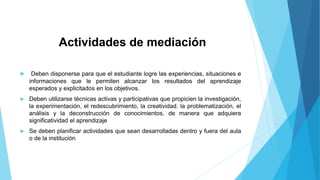 Actividades de mediación 
 Deben disponerse para que el estudiante logre las experiencias, situaciones e 
informaciones que le permiten alcanzar los resultados del aprendizaje 
esperados y explicitados en los objetivos. 
 Deben utilizarse técnicas activas y participativas que propicien la investigación, 
la experimentación, el redescubrimiento, la creatividad. la problematización, el 
análisis y la deconstrucción de conocimientos, de manera que adquiera 
significatividad el aprendizaje 
 Se deben planificar actividades que sean desarrolladas dentro y fuera del aula 
o de la institución 
 