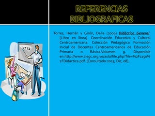 REFERENCIAS
BIBLIOGRAFICAS
Torres, Hernán y Girón, Delia (2009) Didáctica General.
[Libro en línea]. Coordinación Educativa y Cultural
Centroamericana. Colección Pedagógica Formación
Inicial de Docentes Centroamericanos de Educación
Primaria o Básica.Volumen 9. Disponible
en:http://www.ciegc.org.ve/aula/file.php?file=%2F1150%
2FDidactica.pdf. [Consultado:2015, Dic, 08].
 