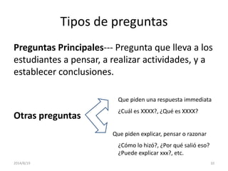 Tipos de preguntas
Preguntas Principales--- Pregunta que lleva a los
estudiantes a pensar, a realizar actividades, y a
establecer conclusiones.
Otras preguntas
Que piden una respuesta immediata
Que piden explicar, pensar o razonar
¿Cuál es XXXX?, ¿Qué es XXXX?
¿Cómo lo hizó?, ¿Por qué salió eso?
¿Puede explicar xxx?, etc.
2014/8/19 10
 