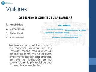 Valores
          QUE ESPERA EL CLIENTE DE UNA EMPRESA?

1. Amabilidad
2. Compromiso
3. Honestidad
4. Puntualidad


  Los tiempos han cambiado y ahora
  las personas esperan de las
  Empresas mucho más que antes,
  son más exigentes y si no les gusta
  simplemente buscan otra Empresa,
  por ello la fidelización se ha
  convertido en lo primordial de una
  Empresa hacia sus clientes
 