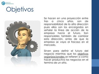 Objetivos
            Se hacen en una proyección entre
            tres a cinco años, son de
            responsabilidad de la alta dirección
            pues ellos son los encargados en
            señalar la línea de acción de la
            empresa hacia el futuro. Son
            responsables también de cambiar
            esta dirección, antes de que la
            empresa se vaya al fracaso en el
            mercado.

            Sirven para definir el futuro del
            negocio mientras que los objetivos
            organizacionales se refieren a como
            hacer productivo los negocios en el
            termino de un año.
 
