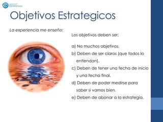 Objetivos Estrategicos
La experiencia me enseño:
                            Los objetivos deben ser:

                            a) No muchos objetivos.
                            b) Deben de ser claros (que todos lo
                              entiendan).
                            c) Deben de tener una fecha de inicio
                              y una fecha final.
                            d) Deben de poder medirse para
                              saber si vamos bien.
                            e) Deben de abonar a la estrategia.
 