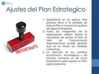 Ajustes del Plan Estrategico
            1. Usualmente el no aplicar este
               proceso lleva a la pérdida de
               todo el Plan e inclusive la quiebra
               de algunas Empresas.
            2. Todos los integrantes de la
               organización deben alertar la
               necesidad de ajustar el Plan, la
               falta      de       Comunicación
               Organizacional puede generar
               que no se tomen las medidas
               correctivas.
            3. La atención en los cambios
               económicos, tecnológicos y de
               recursos humanos es de suma
               importancia para ajustar un Plan
               oportunamente.
 