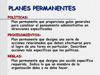 PLANES PERMANENTES POLITICAS: Plan permanente que proporciona guías generales para canalizar el pensamiento administrativo en direcciones especificadas PROCEDIMIENTOS: Plan permanente que designa una serie de acciones relacionadas que deben efectuarse para el logro de una tarea en particular. Describen acciones más específicas que las políticas.  REGLAS: Plan permanente que designa una acción específica requerida. Indica lo que un miembro de la organización debe o no debe hacer. 