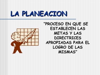 LA PLANEACION “ PROCESO EN QUE SE ESTABLECEN LAS METAS Y LAS DIRECTRICES APROPIADAS PARA EL LOGRO DE LAS MISMAS” 