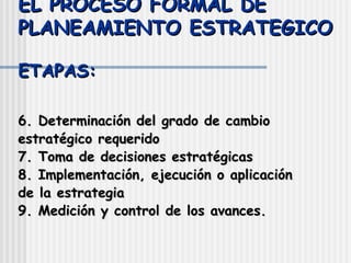EL PROCESO FORMAL DE PLANEAMIENTO ESTRATEGICO ETAPAS: 6. Determinación del grado de cambio estratégico requerido 7. Toma de decisiones estratégicas 8. Implementación, ejecución o aplicación de la estrategia 9. Medición y control de los avances.   