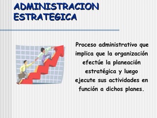 ADMINISTRACION   ESTRATEGICA Proceso administrativo que implica que la organización efectúe la planeación estratégica y luego ejecute sus actividades en función a dichos planes. 