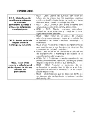 HOMBRES SABIOS

                              OES1 - OEs1: Diseñar las currícula con visión de
OES 1.- Brindar formación     futuro, de tal modo que los egresados puedan
académica y profesional       continuar sin dificultad estudios de postgrado tanto
      de naturaleza           de carácter académico como profesional.
permanente, cuidando la       OES1 - OEs2: Constituir una plana docente con
articulación del pregrado     amplia experiencia profesional y académica.
     con el postgrado.        OES1 - OEs3: Diseñar procesos educativos,
                              suceptibles de ser evaluados y corregibles para el
                              logro de las metas previstas
                              OES2 – OEs1: Incluir en los planes de estudios
                              asignaturas que contengan temas y conocimientos
OES 2.- Brindar formación     actualizados de índole científico, tecnológico y
   integral: científica,      humanista.
tecnológica y humanista.      OES2 -OEs2: Propiciar actividades complementarias
                              que contribuyan a que los alumnos alcancen las
                              competencias del perfil profesional
                              OES2 - OEs3 Incluir en los planes de estudios el uso
                              de equipamiento y tecnología adecuadas a la
                              naturaleza de cada programa.
                              OES3 - OEs 1: Establecer convenios con el sector de
                              producción de bienes y servicios, para lograr plazas
    OES 3.- Incluir en las    de práctica para los alumnos que califiquen.
currícula la obligatoriedad   OES3 - OEs2: Propiciar el desarrollo de las
de los alumnos de efectuar    actividades de producción de bienes y servicios
       prácticas pre-         que permitan entre otros la creación de las propias
       profesionales.         plazas de prácticas.
                              OES3 - OEs3: Propiciar que los docentes dentro de
                              sus sistemas de evaluaciones consideren trabajos
                              de investigación.




                                                                       13
 
