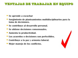 VENTAJAS DE TRABAJAR EN EQUIPOVENTAJAS DE TRABAJAR EN EQUIPO
 Se aprende a escuchar
 Surgimiento de planteamientos multidisciplinarios para la
toma de decisiones.
 Se contribuye al desarrollo personal.
 Se obtiene decisiones consensuales.
 Aumenta la productividad.
 Los acuerdos o decisiones son perfectibles.
 Contribuye a la paz y armonía laboral.
 Mejor manejo de los conflictos.
 