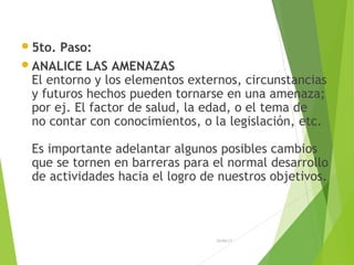 5to. Paso:
ANALICE LAS AMENAZAS
El entorno y los elementos externos, circunstancias
y futuros hechos pueden tornarse en una amenaza;
por ej. El factor de salud, la edad, o el tema de
no contar con conocimientos, o la legislación, etc.
Es importante adelantar algunos posibles cambios
que se tornen en barreras para el normal desarrollo
de actividades hacia el logro de nuestros objetivos.
26/04/15
 