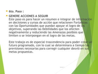  6to. Paso :
 GENERE ACCIONES A SEGUIR
Este paso es para hacer un resumen e integrar de información
en decisiones y cursos de acción que relacionen Fortalezas
con las Oportunidades que puedan apoyar el logro de los
objetivos, superando las Debilidades que los afecten
negativamente y reduciendo las Amenazas posibles que
limiten o se interpongan en el logro de las metas.
Este trabajo es de especial trascendencia para poder crear un
futuro programado, con lo cual se determinara a tiempo las
previsiones necesarias para corregir cualquier desvió en sus
metas propuestas.
26/04/15
 