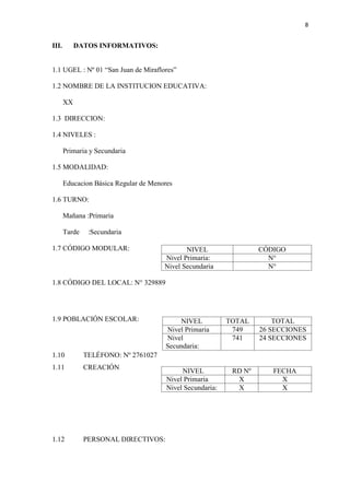 8
III. DATOS INFORMATIVOS:
1.1 UGEL : Nº 01 “San Juan de Miraflores”
1.2 NOMBRE DE LA INSTITUCION EDUCATIVA:
XX
1.3 DIRECCION:
1.4 NIVELES :
Primaria y Secundaria
1.5 MODALIDAD:
Educacion Básica Regular de Menores
1.6 TURNO:
Mañana :Primaria
Tarde :Secundaria
1.7 CÓDIGO MODULAR:
1.8 CÓDIGO DEL LOCAL: N° 329889
1.9 POBLACIÓN ESCOLAR:
1.10 TELÉFONO: Nº 2761027
1.11 CREACIÓN
1.12 PERSONAL DIRECTIVOS:
NIVEL CÓDIGO
Nivel Primaria: N°
Nivel Secundaria N°
NIVEL TOTAL TOTAL
Nivel Primaria 749 26 SECCIONES
Nivel
Secundaria:
741 24 SECCIONES
NIVEL RD Nº FECHA
Nivel Primaria X X
Nivel Secundaria: X X
 