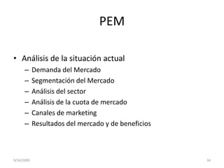 PEMAnálisis de la situación actualDemanda del MercadoSegmentación del MercadoAnálisis del sectorAnálisis de la cuota de mercadoCanales de marketingResultados del mercado y de beneficios9/23/200934