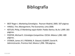 BibliografíaBEST Roger J. Marketing Estratégico.  Pearson Madrid, 2005. 507 páginasHINDLE, Tim; Management, TheEconomist, Lima 2008.KOTLER, Philip, El Marketing segúnKotler.PaidosIberica. Bs.As 1,999. 303 páginas.PORTER, Michael E. EstratégiaCompetitiva. CECSA. México 1,982. 400 páginas.STONER, James A.F; FREMAN, R. Edward; GILBERT, Daniel R. Administración. Prentice Hall, Mexico 1,996. 700 páginas.9/23/200940