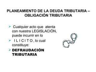 PLANEAMIENTO DE LA DEUDA TRIBUTARIA –
OBLIGACIÓN TRIBUTARIA
 Cualquier acto que atenta
con nuestra LEGISLACIÓN,
puede incurrir en lo
 I L I C I T O , lo cual
constituye:
 DEFRAUDACIÓN
TRIBUTARIA
 