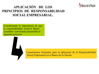 APLICACIÓN DE LOS
PRINCIPIOS DE RESPONSABILIDAD
SOCIAL EMPRESARIAL.
Considerando la importancia de que
la responsabilidad social el Banco
considera conveniente desarrollar el
siguiente proyecto
Lineamientos Generales para la aplicación de la Responsabilidad
Social Empresarial en el Banco de la Nación.
 