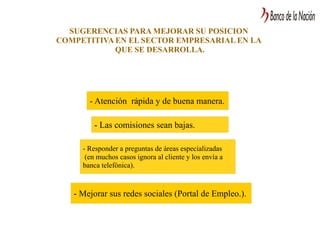 SUGERENCIAS PARA MEJORAR SU POSICION
COMPETITIVA EN EL SECTOR EMPRESARIAL EN LA
QUE SE DESARROLLA.
- Atención rápida y de buena manera.
- Las comisiones sean bajas.
- Responder a preguntas de áreas especializadas
(en muchos casos ignora al cliente y los envía a
banca telefónica).
- Mejorar sus redes sociales (Portal de Empleo.).
 
