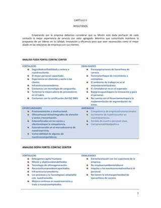 CAPÍTULO II

                                             RESULTADOS


         Empezando por la empresa debemos considerar que su Misión está dada porhacer de cada
contacto la mejor experiencia de servicio con valor agregado. Mientras que comoVisión mantiene la
propuesta de ser líderes en la calidad, innovación y eficiencia para que sean reconocidos como el mejor
aliado en las relaciones de empresas con sus clientes.




ANALISIS FODA FORTEL CONTAC CENTER

FORTALEZAS                                          DEBILIDADES
       Seguridadconfiabilidad y certeza a                   Pocasaspiraciones de hacerlínea de
       nuestroscliente.                                     carrera.
       El mejor personal capacitado.                        Tenerunenfoque de crecimiento a
       Experiencia en atención y venta a los                cortoplazo.
       cliente.                                             El ambiente de trabajo no es el
       Infraestructuramoderna.                              mejorparaciertasáreas.
       Contamos con tecnología de vanguardia.               El climalaborar no es el esperado.
       Tenemos la mejorcadena de proveedores                Bajopresupuestopara la innovación y para
       en el rubro.                                         el personal.
       Contamos con la certificación del ISO 9001           No cuenta con el financiamientopara la
                                                            implementación de segmentación de
                                                            áreas.
OPORTUNIDADES                                       AMENAZAS
      Posicionamiento a nivelnacional.                      Competencia de empresastransnacionales.
      Ofrecemosserviciosintegrados de atención              Incremento de nuestroscostos en
      y venta y tercerización.                              nuestrosservicios.
      Estarenfocados en los socios y                        Perdida de nuestro personal clave.
      clientemásque la competencia.                         Ciertainestabilidadpolítica.
      Futurainversión en el mercadoacerca de
      nuestroservicio.
      Vulnerabilidad de algunos de
      nuestroscompetidores.


ANALISIS DOFA FORTEL CONTAC CENTER

FORTALEZAS                                          DEBILIDADES
       Emergente capital humano.                            Estrecharelación con los superiores de la
       Misión y objetivosbiendefinidos                      empresa.
       Tecnología de últimageneración.                      No muybuenambientelaboral
       Recursoshumanosbiencapacitados.                      Impulso a los eventosrecreativoshacia el
       Infraestructuramoderna                               personal.
       Los procesos y la Tecnologíaes adaptable             No tienen la mismaoportunidad de
       con nuestromedio.                                    ejercerlínea de carrera.
       Mejora continua en nuestroservicio y
       trato a nuestrosempleados.


                                                                                                        7
 