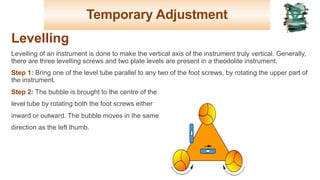 Temporary Adjustment
Levelling
Levelling of an instrument is done to make the vertical axis of the instrument truly vertical. Generally,
there are three levelling screws and two plate levels are present in a theodolite instrument.
Step 1: Bring one of the level tube parallel to any two of the foot screws, by rotating the upper part of
the instrument.
Step 2: The bubble is brought to the centre of the
level tube by rotating both the foot screws either
inward or outward. The bubble moves in the same
direction as the left thumb.
21
 