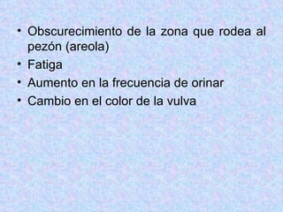 Obscurecimiento de la zona que rodea al pezón (areola) Fatiga Aumento en la frecuencia de orinar Cambio en el color de la vulva 