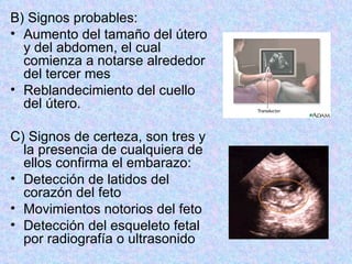 B) Signos probables: Aumento del tamaño del útero y del abdomen, el cual comienza a notarse alrededor del tercer mes Reblandecimiento del cuello del útero. C) Signos de certeza, son tres y la presencia de cualquiera de ellos confirma el embarazo: Detección de latidos del corazón del feto Movimientos notorios del feto Detección del esqueleto fetal por radiografía o ultrasonido 