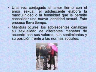 Una vez conjugado el amor tierno con el amor sexual, el adolescente elabora la masculinidad o la feminidad que le permite consolidar una nueva identidad sexual. Este proceso lleva tiempo. Mientras ocurre, los adolescentes canalizan su sexualidad de diferentes maneras de acuerdo con sus valores, sus sentimientos y su posición frente a las normas sociales. 