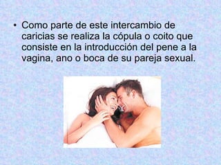 Como parte de este intercambio de caricias se realiza la cópula o coito que consiste en la introducción del pene a la vagina, ano o boca de su pareja sexual. 