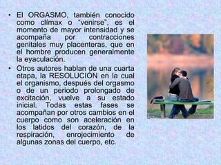 El ORGASMO, también conocido como clímax o “venirse”, es el momento de mayor intensidad y se acompaña por contracciones genitales muy placenteras, que en el hombre producen generalmente la eyaculación. Otros autores hablan de una cuarta etapa, la RESOLUCIÓN en la cual el organismo, después del orgasmo o de un periodo prolongado de excitación, vuelve a su estado inicial. Todas estas fases se acompañan por otros cambios en el cuerpo como son aceleración en los latidos del corazón, de la respiración, enrojecimiento de algunas zonas del cuerpo, etc. 
