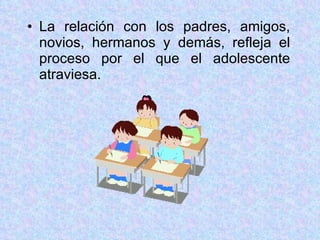 La relación con los padres, amigos, novios, hermanos y demás, refleja el proceso por el que el adolescente atraviesa. 