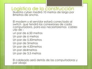 Logística de la construcción
Nuestra cyber medirá 10 metros de largo por
8metros de ancho.

El modem y el servidor estará conectado al
switch que tendrá las conexiones de cada
computadora, para eso necesitaremos cables
utp de :
un par de 6.50 metros
Un par de 6 metros
Un par de 5.50metros
Un par de 5metros
Un par de 4.50metros
Un par de4metros
Un par de 3.5 metros

El cableado será detrás de las computadoras y
por abajo
 