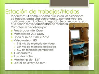 Estación de trabajos/Nodos
 Tendremos 14 computadoras que serán las estaciones
 de trabajo, cada una contendrá su cámara web, sus
 audífonos con micrófono integrado. Serán marca hp ya
 que tienen mayor capacidad de memoria.
 Características del equipo:
  Procesador Intel Core
  Memoria de 2GB DDR2
  Disco duro de 120 GB Sata
  Video radeon HD
        946 mb de memoria de video
        384 mb de memoria dedicada
        562 de memoria compartida
    4 usb traseros
    2 usb frontales
    Monitor hp de 18.5”
    Lector de dvd y cd-rom
 