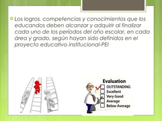 Los logros, competencias y conocimientos que los
educandos deben alcanzar y adquirir al finalizar
cada uno de los períodos del año escolar, en cada
área y grado, según hayan sido definidos en el
proyecto educativo institucional-PEI
