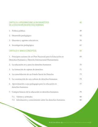CAPÍTULO II: APROXIMACIONES A UN DIAGNÓSTICO 		
46
DE LA EDUCACIÓN EN DERECHOS HUMANOS			
		
1.	 Política pública.			
		

49	

2.	 Desarrollo pedagógico.		
	

55	

3.	 Docentes y agentes educativos.		
	

59	

4.	 Investigación pedagógica.		

61	

						

CAPÍTULO III: MARCO CONCEPTUAL		
					

64	

1.	 Principios rectores de un Plan Nacional para la Educación en		

69

Derechos Humanos y Derecho Internacional Humanitario. 			
	
2.	 La educación en y para los derechos humanos.		
		

70	

3.	 La formación de sujetos de derechos.		
	

71	

4.	 La consolidación de un Estado Social de Derecho.		
		

73	

5.	 La construcción de una cultura de derechos humanos.		
		

75	

6.	 Aproximación a una pedagogía para la educación en		

77

	

derechos humanos.			

7.	 Campos básicos de la educación en derechos humanos. 		
	

79	

	

7.1.	 Valores y actitudes.		

80	

7.2. 	Información y conocimiento sobre los derechos humanos.		

80	

		

Plan nacional de educación en derechos humanos│5

 