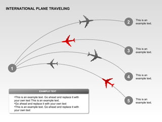 INTERNATIONAL PLANE TRAVELING
This is an
example text.
This is an
example text.
This is an
example text.
This is an
example text.
1
2
3
4
5
•This is an example text. Go ahead and replace it with
your own text This is an example text.
•Go ahead and replace it with your own text
•This is an example text. Go ahead and replace it with
your own text
EXAMPLE TEXT
 