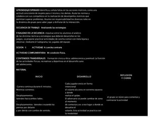 APRENDIZAJEESPERADO Identifica y señala faltas en las acciones motrices, como una
actitud consistente de respeto para sí mismo y los demás. Acata las normas y
colabora con sus compañeros en la realización de desempeños motrices que
permitan superar problemas. Asume con responsabilidad los diversos roles en
la dinámica de grupo para saber jugar y disfrutar de la interacción.
SECUENCIA DE TRABAJO Analizando las estrategias
FINALIDAD DE LA SECUENCIA impulsar entre los alumnos el análisis
de las distintas tácticas y estrategias que deberán desarrollar en los
juegos, se propone practicar actividades de cancha común con meta lejana y
observar, mediante el ludograma, las jugadas del equipo
SESION: 6 ACTIVIDAD A cancha contraria
ACTIVIDAD COMPLEMENTARIA Mi condición física.
CONTENIDOS TRANSVERSALES Formación cívica y ética: adolescencia y juventud. La función
de las actividades físicas, recreativas y deportivas en el desarrollo sano
del adolescente.
MATERIAL
INICIO DESARROLLO
REFLEXION
Y CIERRE
 Carrera continua durante 6 minutos.
 Mientras corremos:
–
Desplazamientos
laterales hacia ambos lados.
–
Desplazamientos laterales cruzando las
piernas por delante
y por detrás con cambio de sentido.
Cada jugador envía en forma
intencional
el volante ala zona en extremo opuesta
a donde
realiza el golpe.
El adversario se puede cambiar de zona
al momento
de contestar y es a ese lugar a donde se
devuelve el
volante. Esta actividad se practica con
la modalidad
el grupo se reúne para comentar y
contrastar la actividad
 